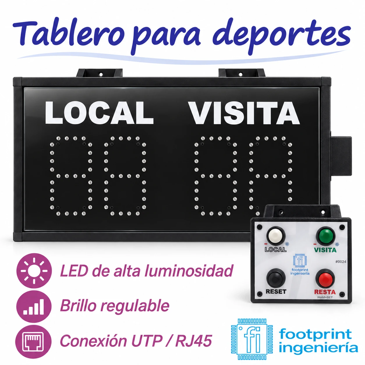 Características del tablero: LED de alta luminosidad, brillo regulable y conexión UTP RJ45