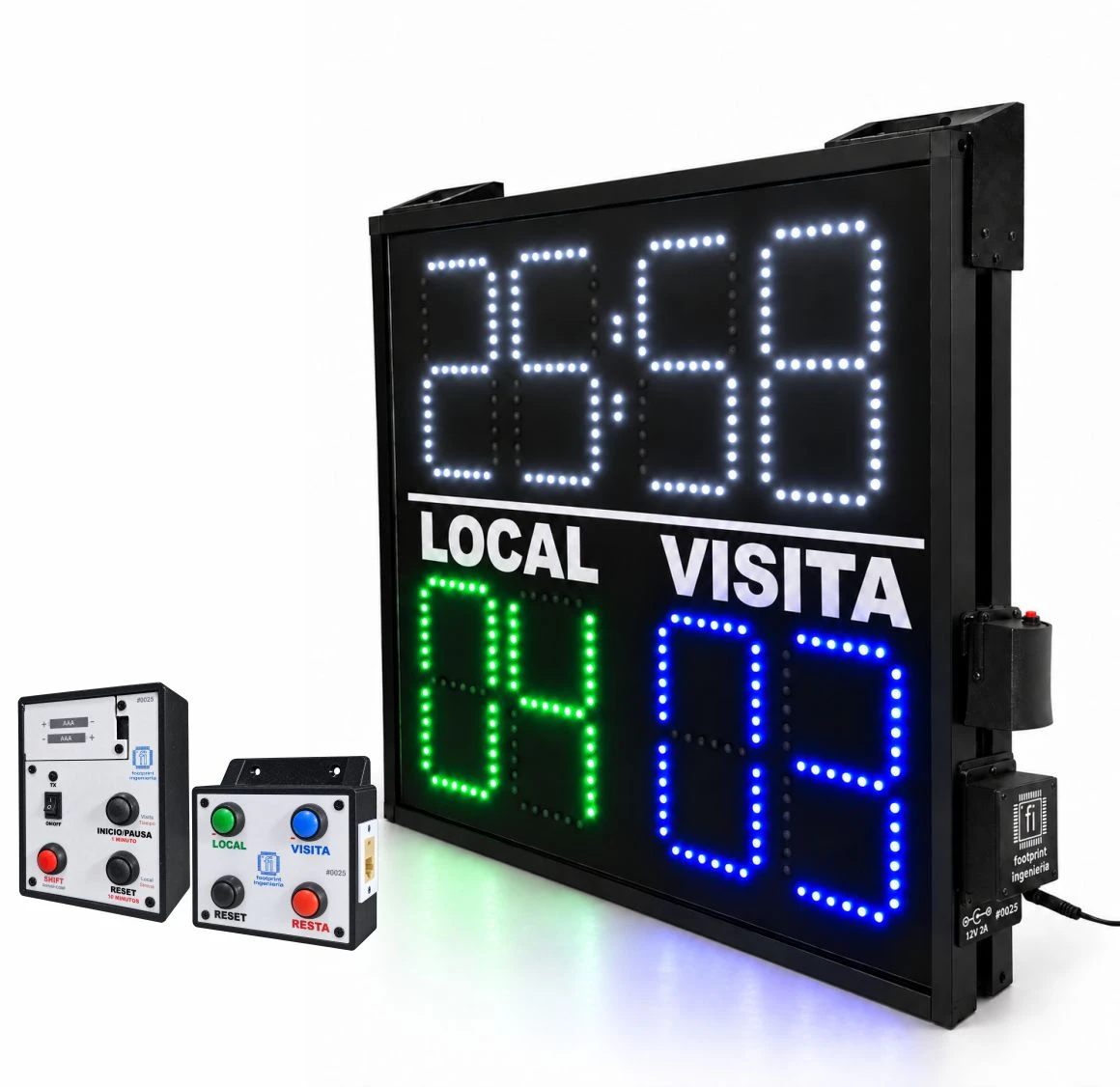 Tablero deportivo con temporizador encendido y sus comandos